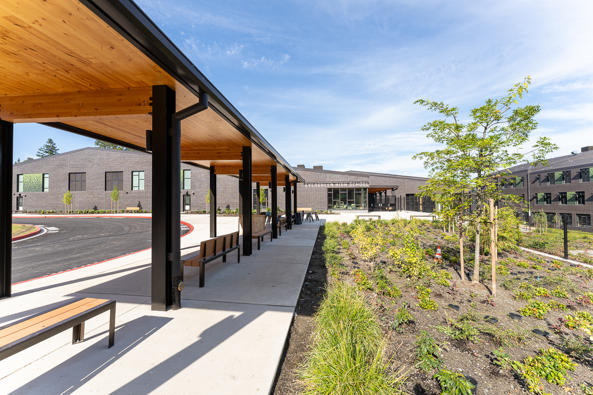 Evergreen High School exterior entry with covered timber walkway