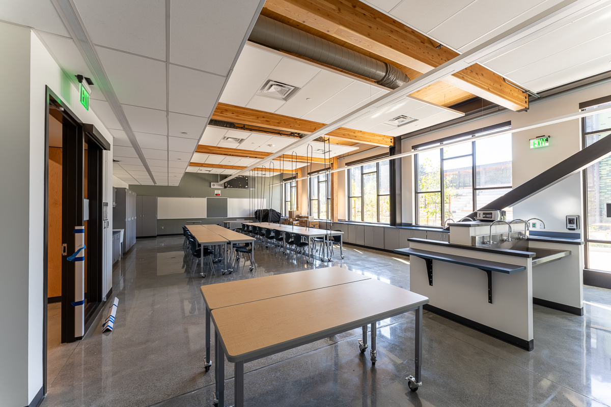 Science classroom with exposed glulam beams and clerestory daylight